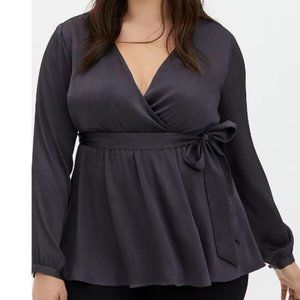 Gray Babydoll Wrap Blouse